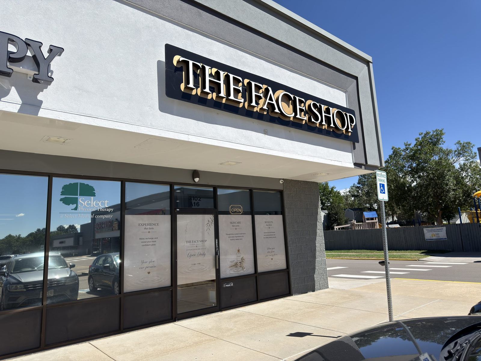 The Face Shop storefront with its illuminated sign at 3102 S Parker Rd